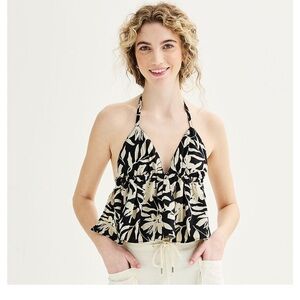 SO Juniors Black & Cream Halter Neck Boho Top Size Small
